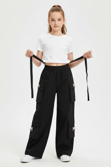 Pantalon Cargo Noir Ample Poches Nœuds Fille - Polyester