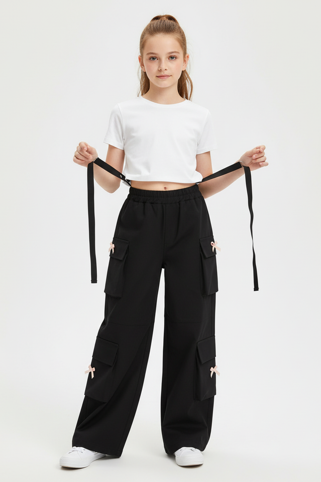 Pantalon Cargo Noir Ample Poches Nœuds Fille - Polyester