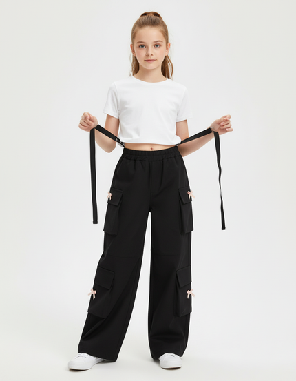 Pantalon Cargo Noir Ample Poches Nœuds Fille - Polyester
