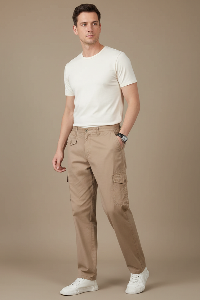 Pantalon Cargo Beige Droit Décontracté Homme Coton