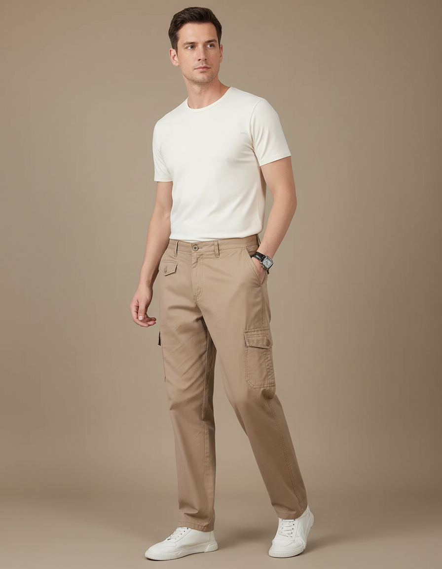 Pantalon Cargo Beige Droit Décontracté Homme Coton