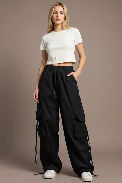 Pantalon Cargo Noir Ample Uni Femme Streetwear - Polyester