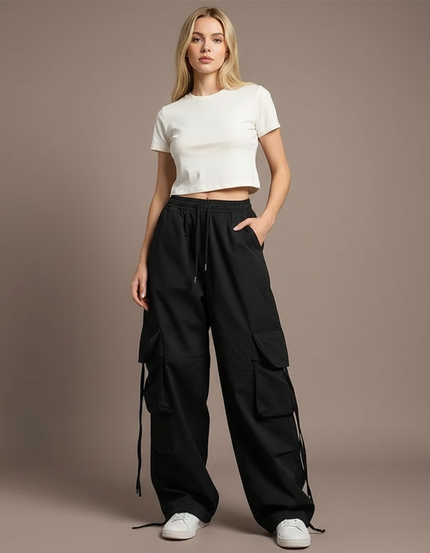 Pantalon Cargo Noir Ample Uni Femme Streetwear - Polyester