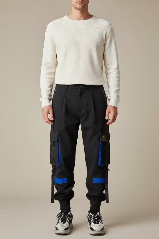 Pantalon Cargo Noir Décontracté Multi-Poches Bleu - Gabardine