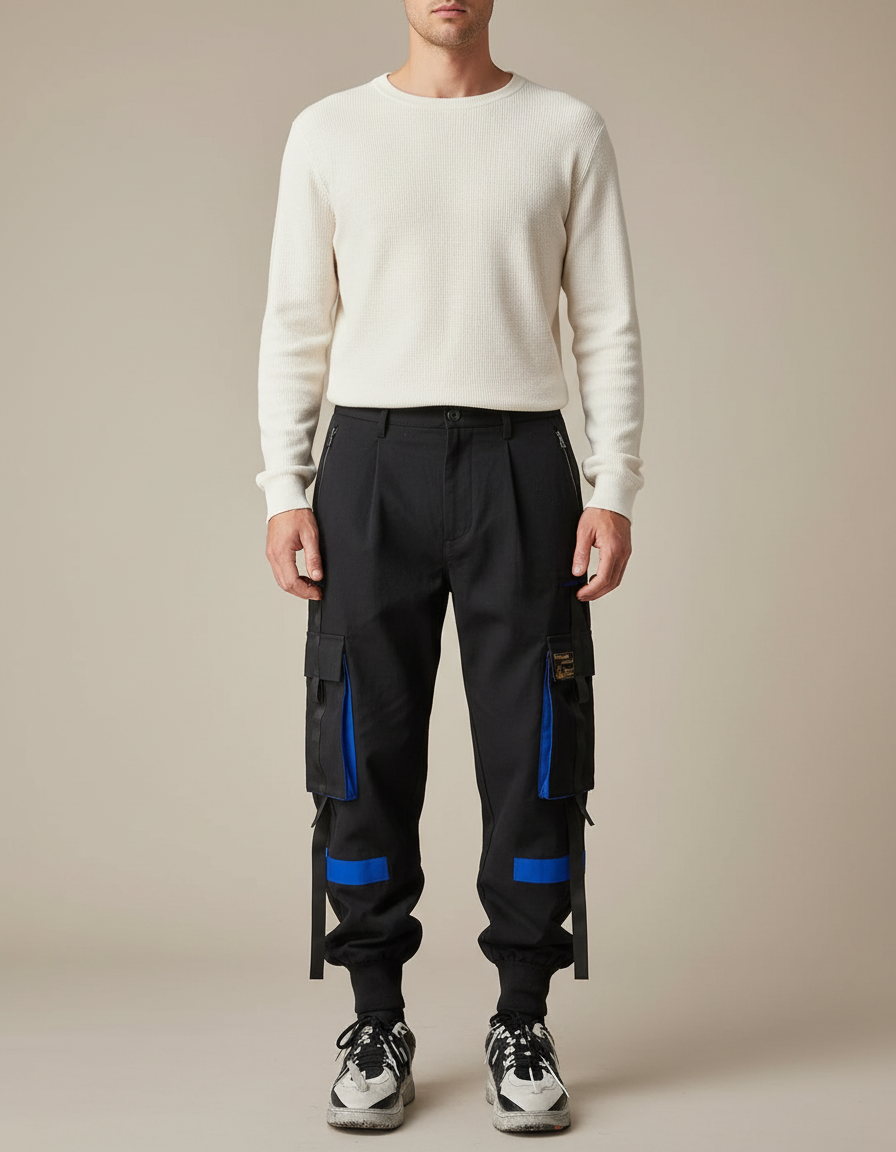 Pantalon Cargo Noir Décontracté Multi-Poches Bleu - Gabardine