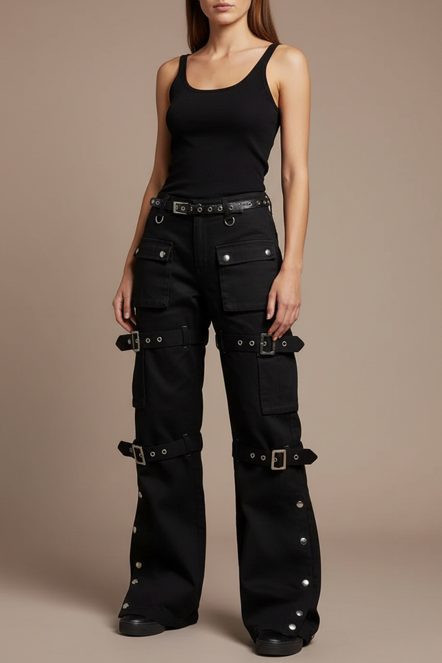 Pantalon Cargo Noir Ample Ceintures Boucles Streetwear - Toile