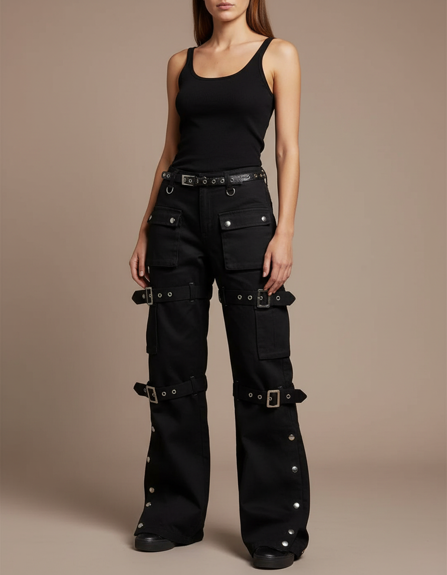 Pantalon Cargo Noir Ample Ceintures Boucles Streetwear - Toile