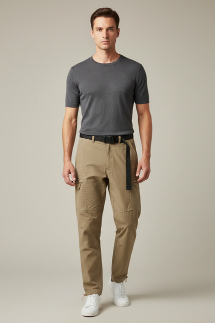 Pantalon Cargo Kaki Droit Multipoches Décontracté Ceinturé - Toile