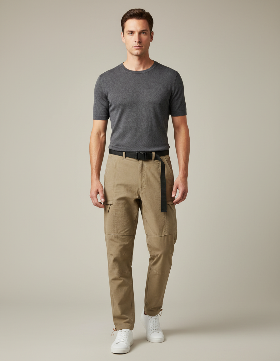 Pantalon Cargo Kaki Droit Multipoches Décontracté Ceinturé - Toile