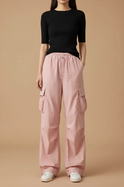 Pantalon Cargo Rose Ample Taille Haute Décontracté Femme - Polyester