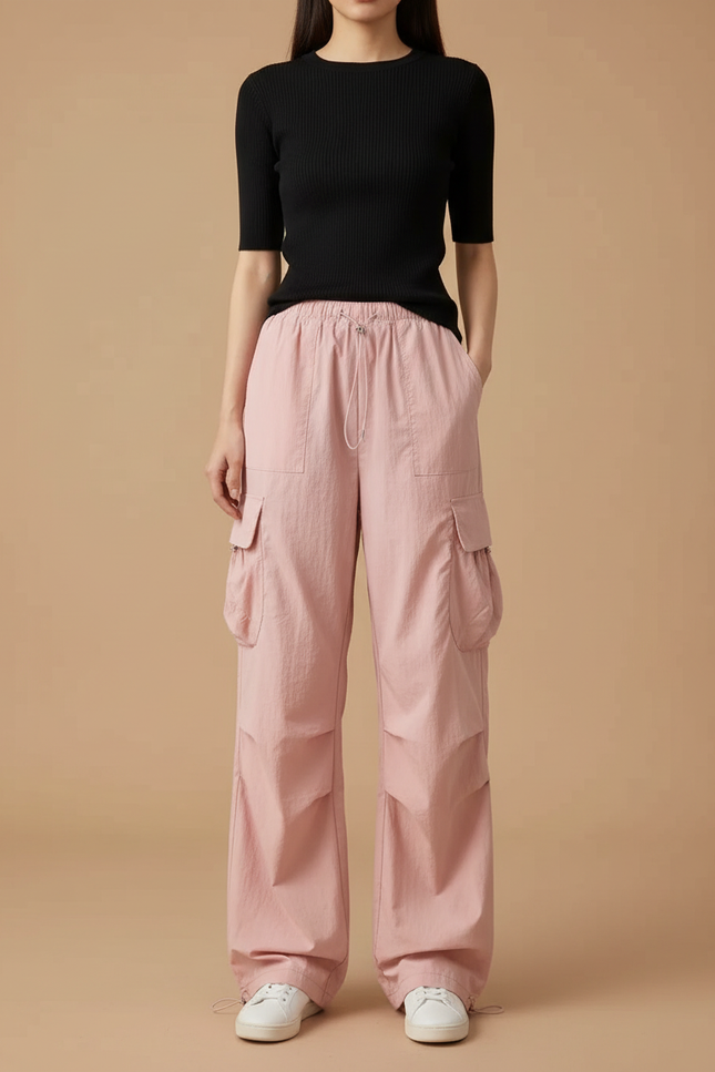 Pantalon Cargo Rose Ample Taille Haute Décontracté Femme - Polyester