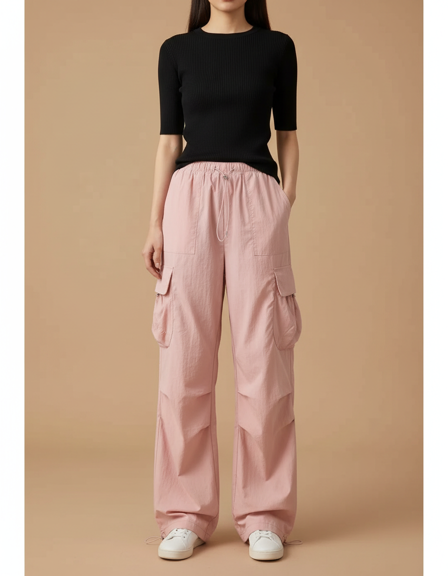 Pantalon Cargo Rose Ample Taille Haute Décontracté Femme - Polyester