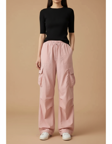 Pantalon Cargo Rose Ample Taille Haute Décontracté Femme - Polyester