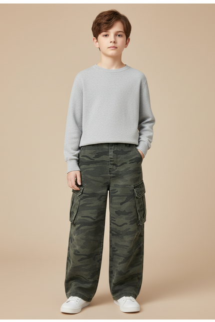 Pantalon Cargo Camouflage Ample Garçon Décontracté Coton - Kaki