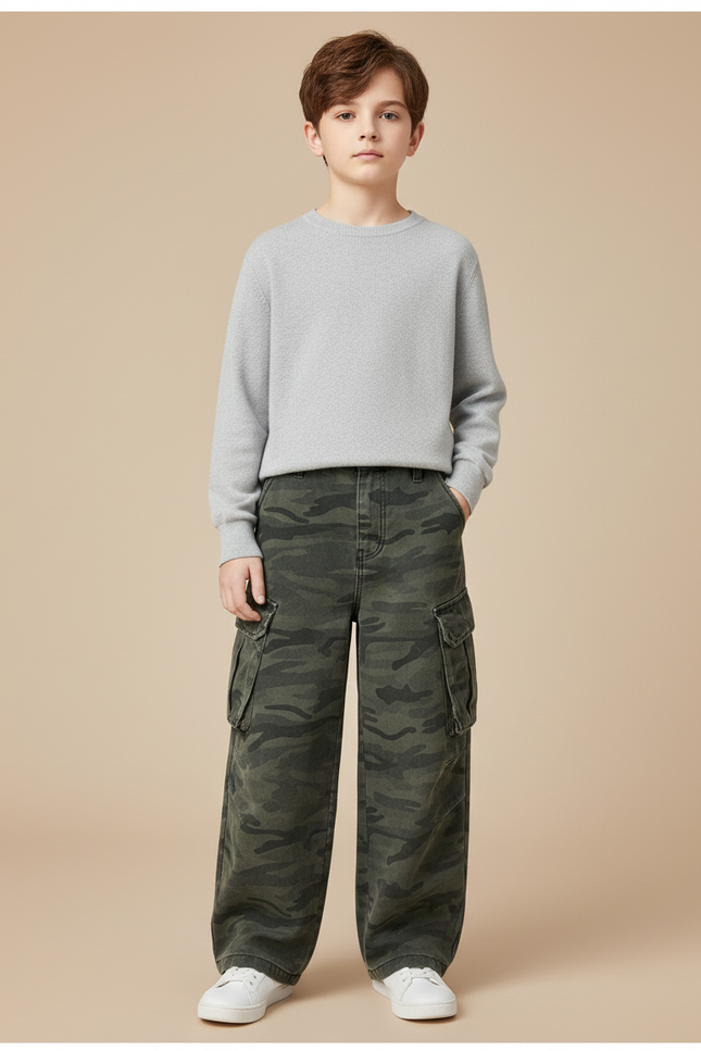 Pantalon Cargo Camouflage Ample Garçon Décontracté Coton - Kaki