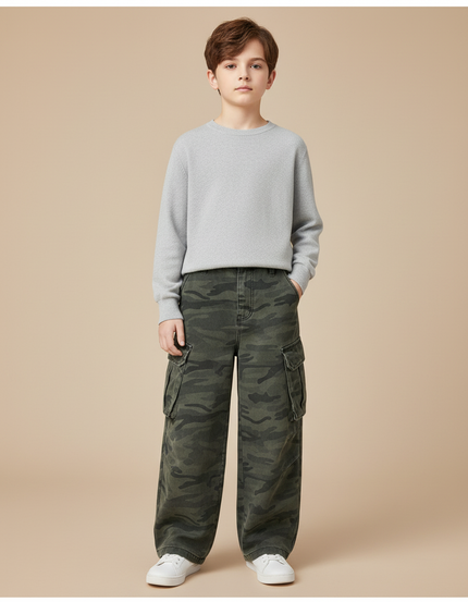 Pantalon Cargo Camouflage Ample Garçon Décontracté Coton - Kaki