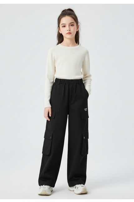 Pantalon Cargo Noir Ample Multipoches Fille Hiver - Molleton
