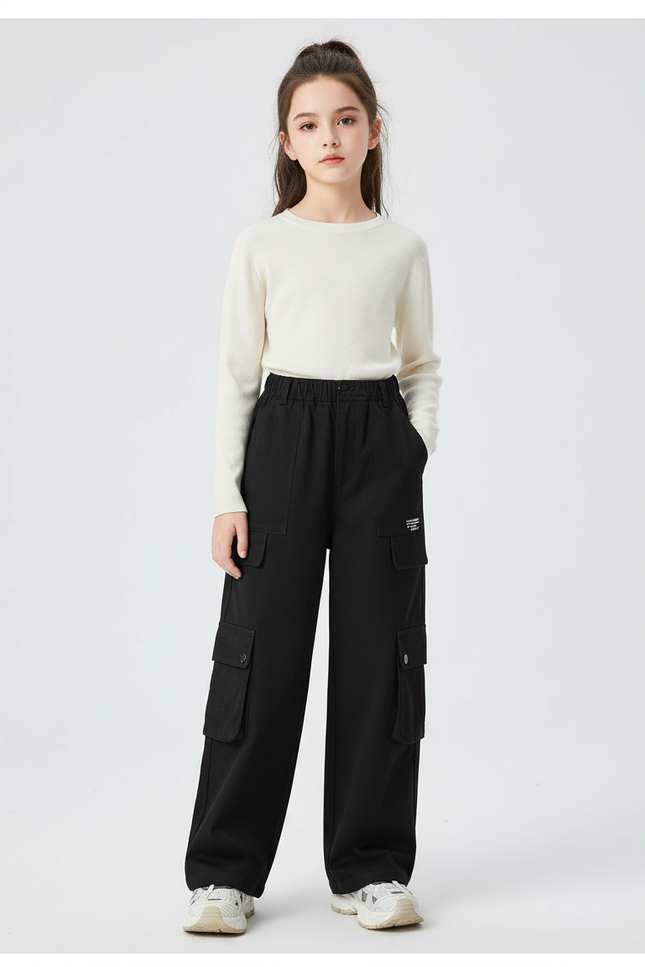 Pantalon Cargo Noir Ample Multipoches Fille Hiver - Molleton