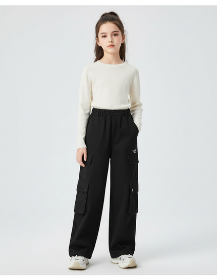 Pantalon Cargo Noir Ample Multipoches Fille Hiver - Molleton