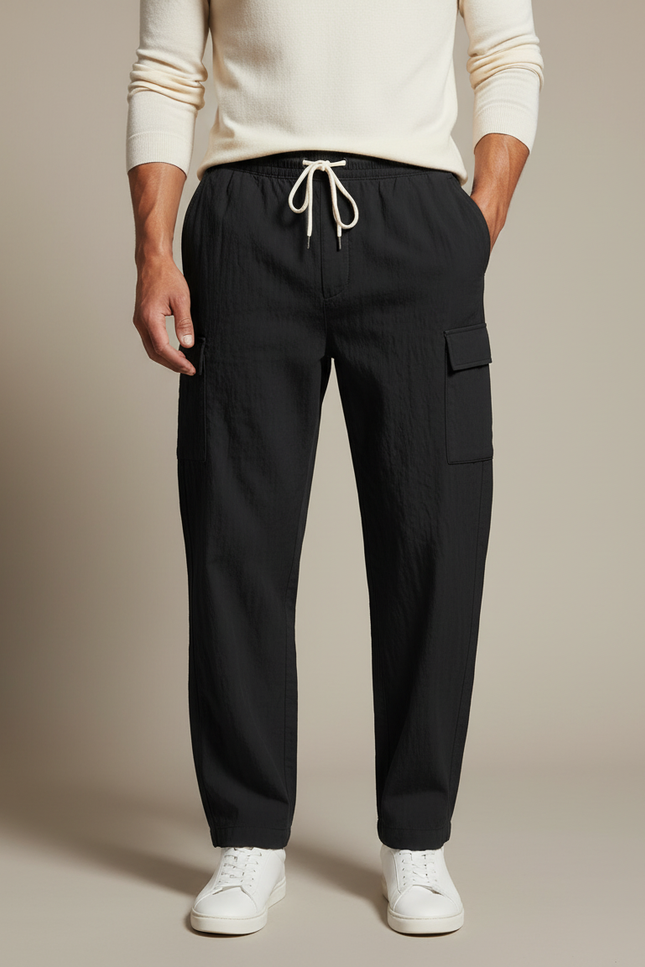 Pantalon Cargo Noir Léger Décontracté Multipoches Cordon - Polyester