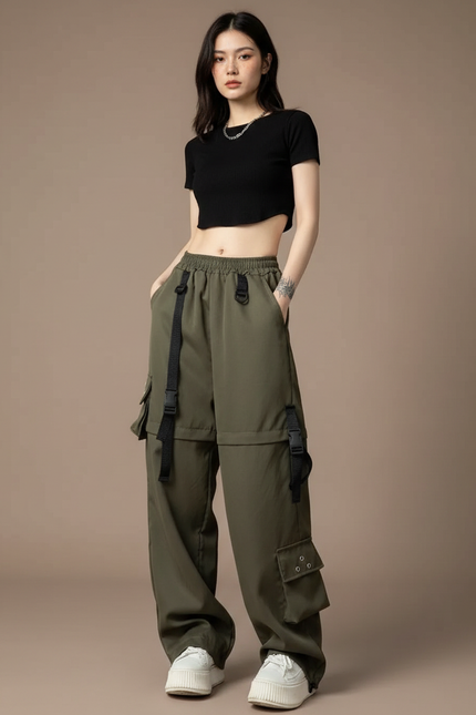 Pantalon Cargo Vert Militaire Ample Sangles Femme - Kaki Polyester