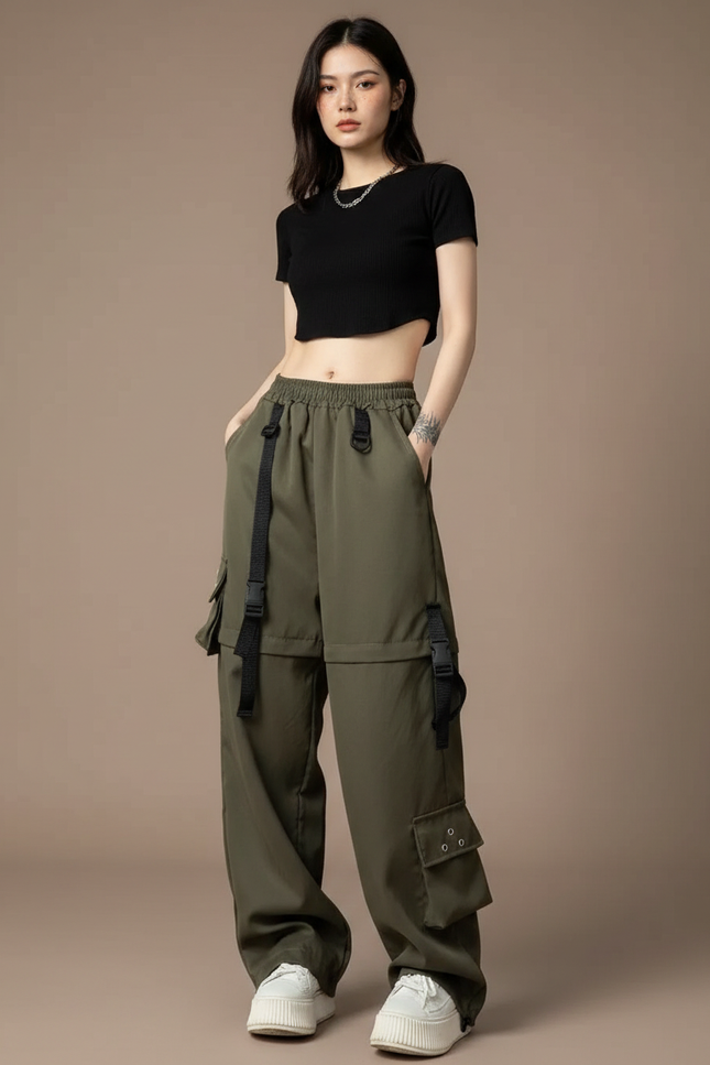 Pantalon Cargo Vert Militaire Ample Sangles Femme - Kaki Polyester