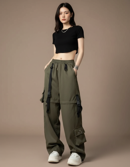 Pantalon Cargo Vert Militaire Ample Sangles Femme - Kaki Polyester