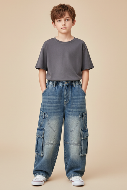 Pantalon Cargo Jean Ample Délavé Multipoches Garçon - Bleu