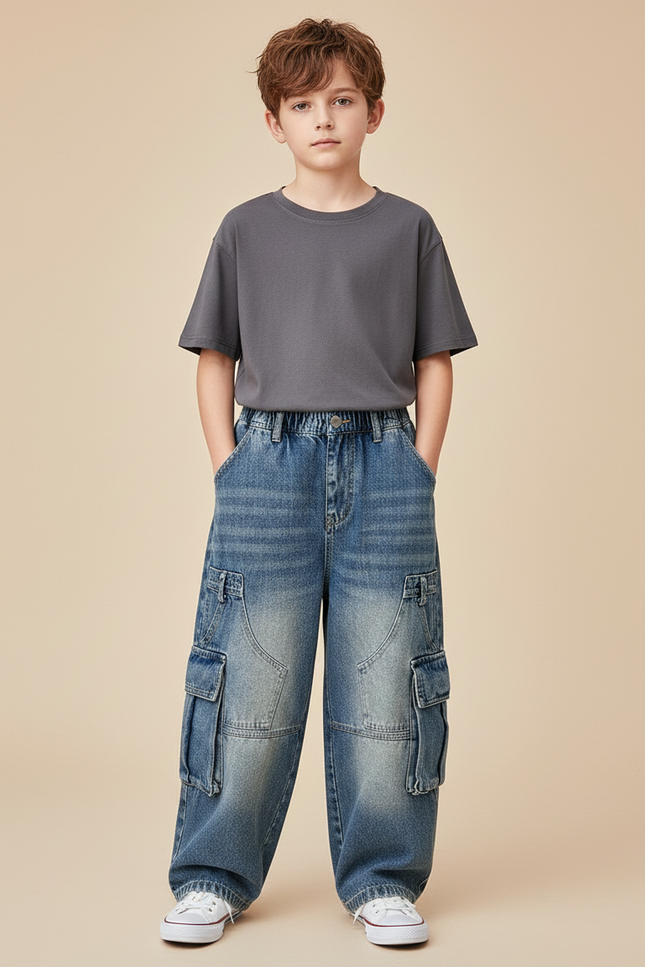 Pantalon Cargo Jean Ample Délavé Multipoches Garçon - Bleu