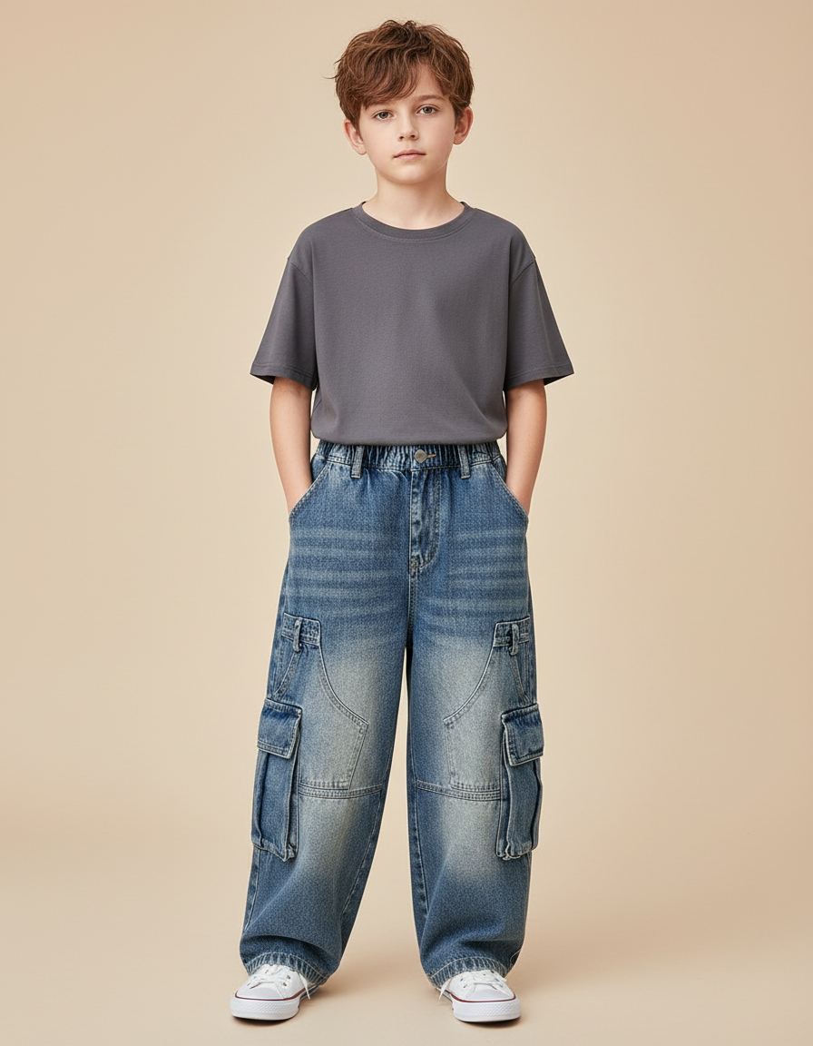 Pantalon Cargo Jean Ample Délavé Multipoches Garçon - Bleu