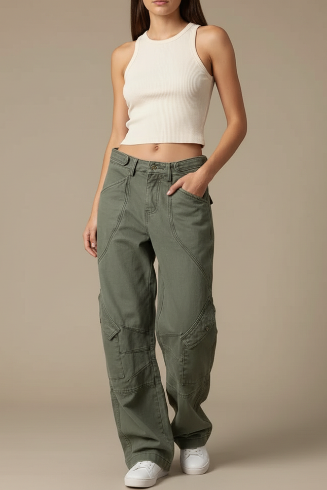 Pantalon Cargo Vert Ample Décontracté Poches Femme - Kaki Toile