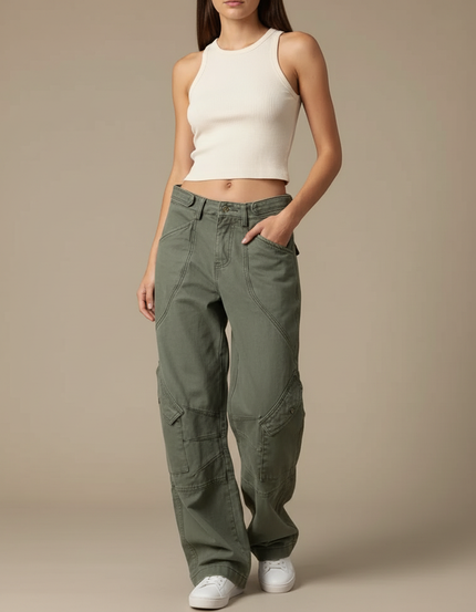 Pantalon Cargo Vert Ample Décontracté Poches Femme - Kaki Toile