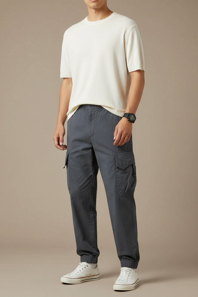Pantalon Cargo Gris Coton Décontracté Jogger Multipoches