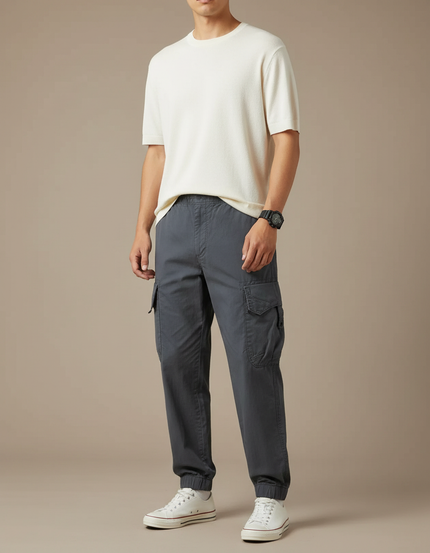 Pantalon Cargo Gris Coton Décontracté Jogger Multipoches
