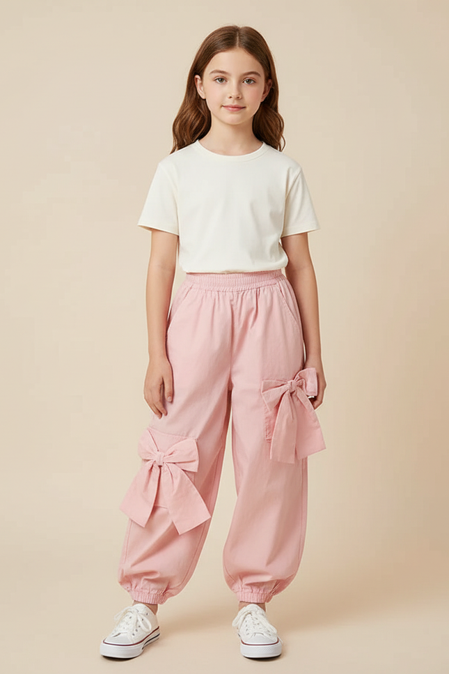 Pantalon Cargo Rose Ample Nœuds Fille - Coton