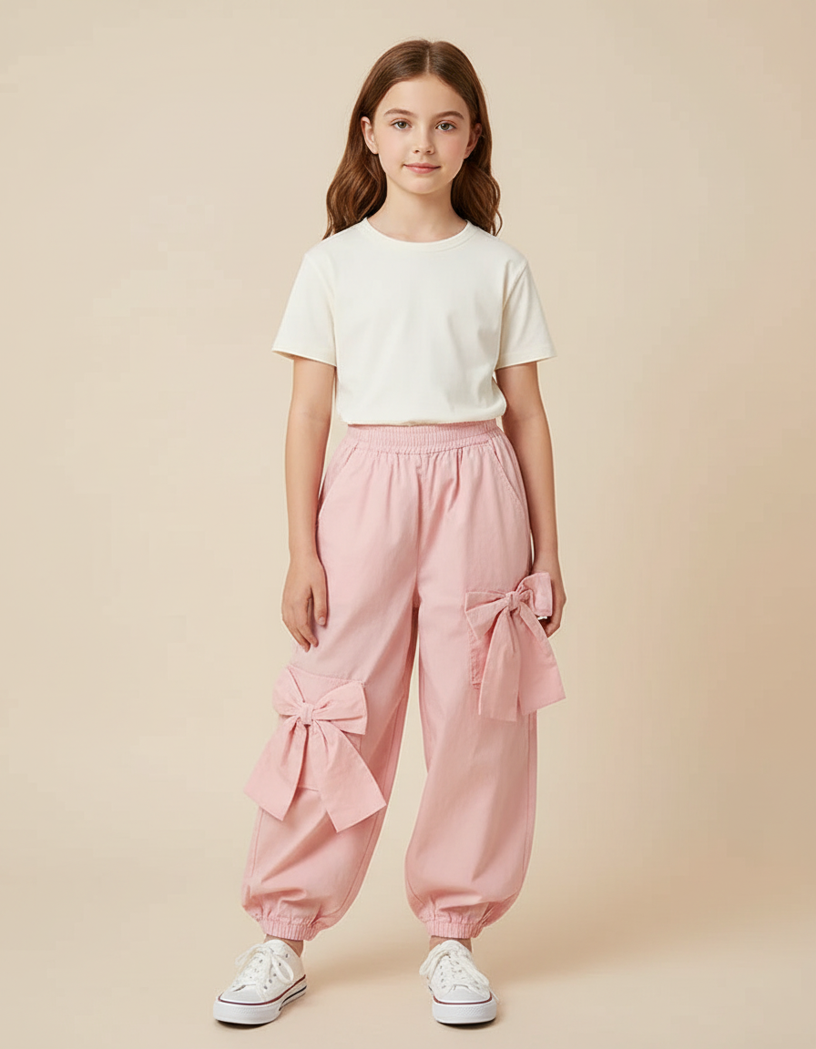 Pantalon Cargo Rose Ample Nœuds Fille - Coton