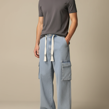 Pantalon Cargo Jean Ample Bleu Clair Cordon Homme