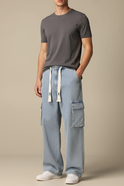 Pantalon Cargo Jean Ample Bleu Clair Cordon Homme