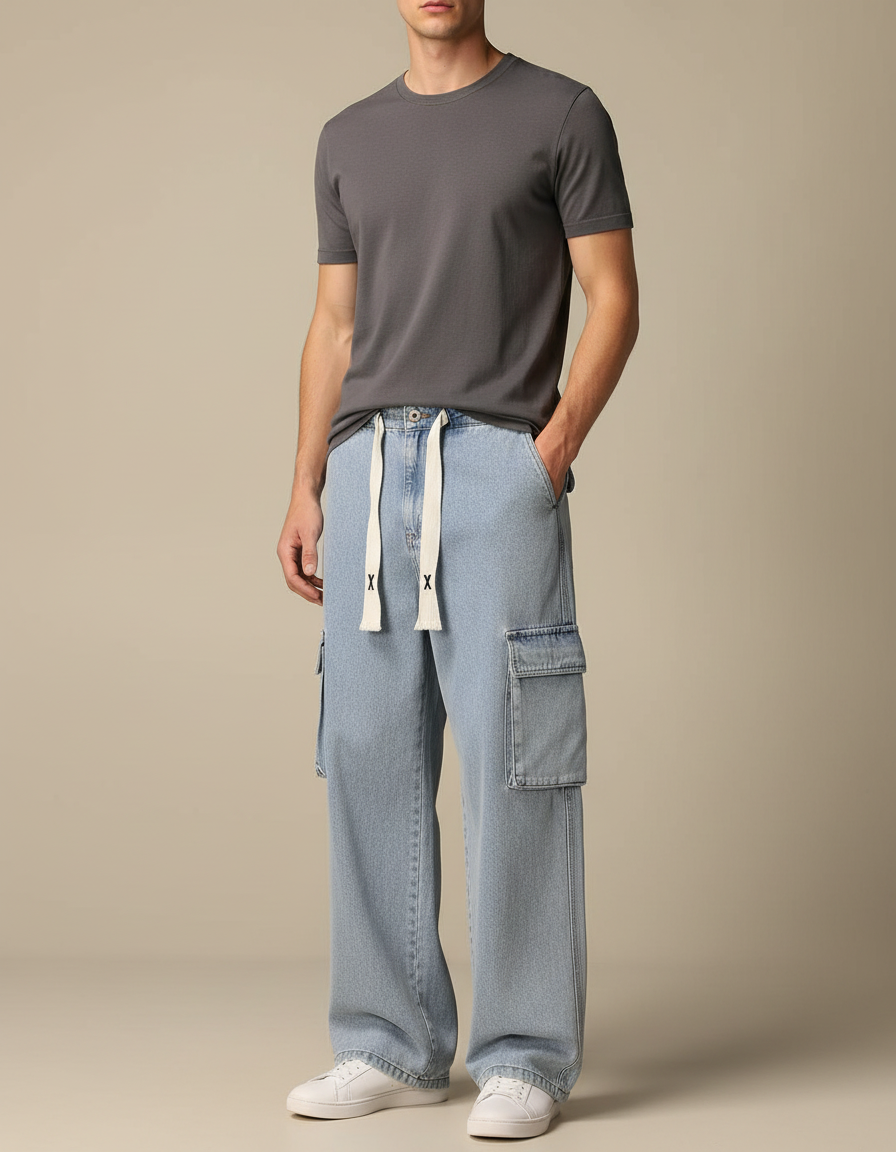 Pantalon Cargo Jean Ample Bleu Clair Cordon Homme