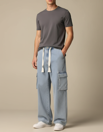Pantalon Cargo Jean Ample Bleu Clair Cordon Homme