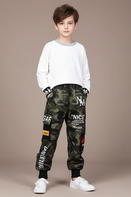 Pantalon Cargo Camouflage Militaire Multipoches Garçon - Kaki Toile