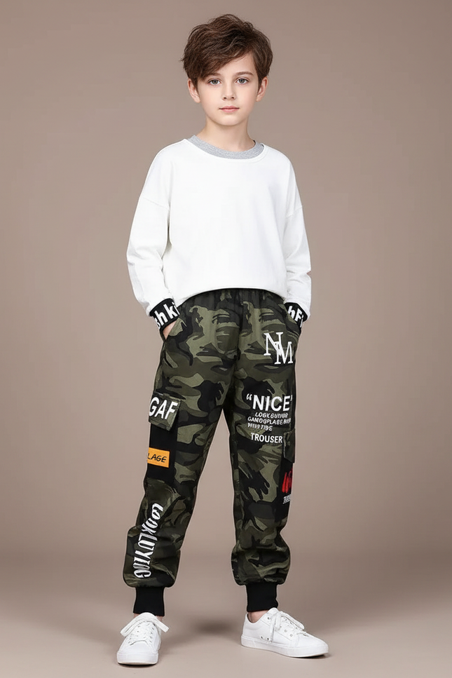 Pantalon Cargo Camouflage Militaire Multipoches Garçon - Kaki Toile