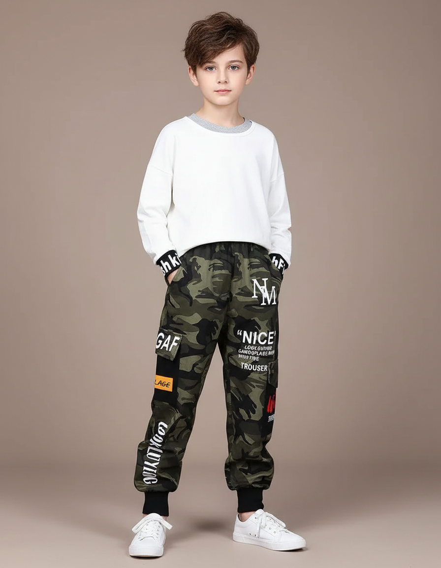 Pantalon Cargo Camouflage Militaire Multipoches Garçon - Kaki Toile
