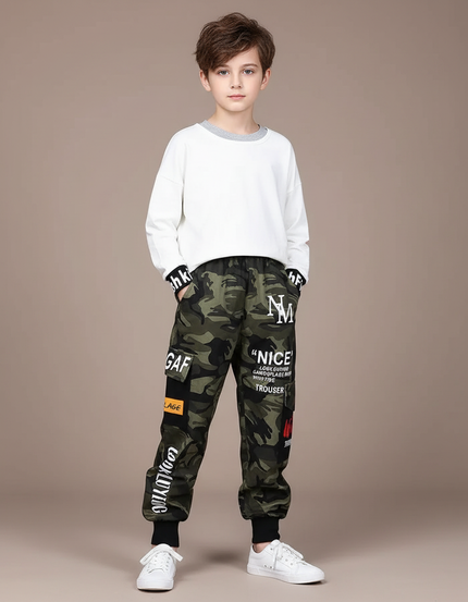Pantalon Cargo Camouflage Militaire Multipoches Garçon - Kaki Toile