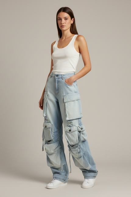 Pantalon Cargo Jean Ample Bleu Multipoches Délavé