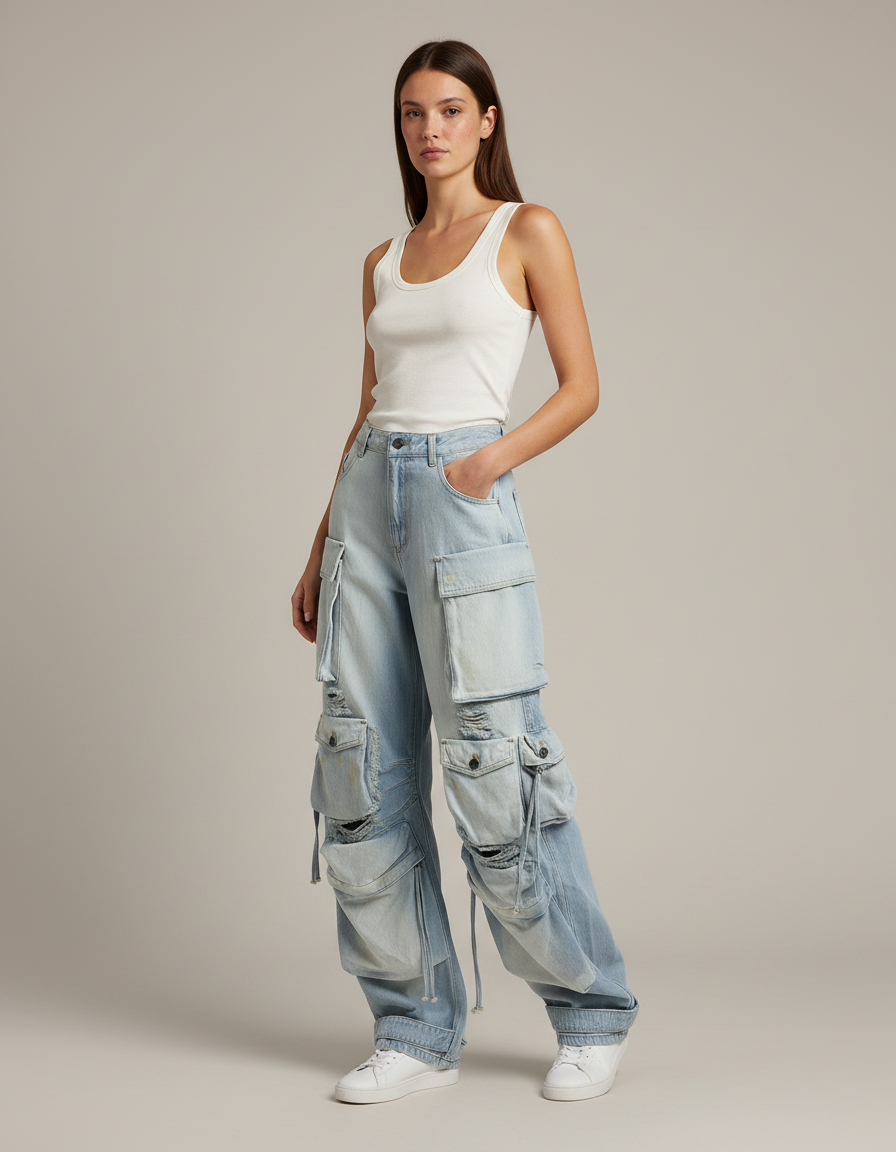 Pantalon Cargo Jean Ample Bleu Multipoches Délavé
