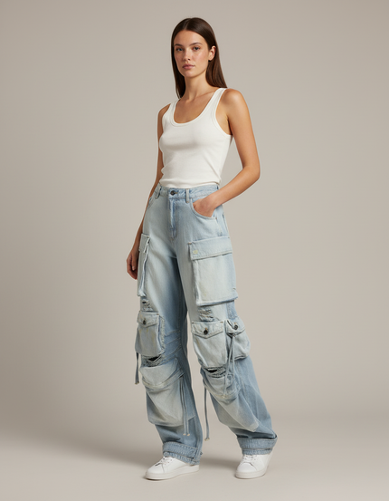 Pantalon Cargo Jean Ample Bleu Multipoches Délavé