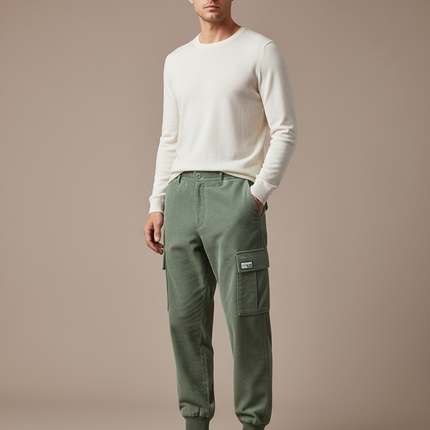 Pantalon Cargo Vert Côtelé Ample Homme Jogger - Kaki Cordé