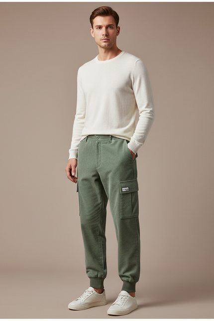 Pantalon Cargo Vert Côtelé Ample Homme Jogger - Kaki Cordé