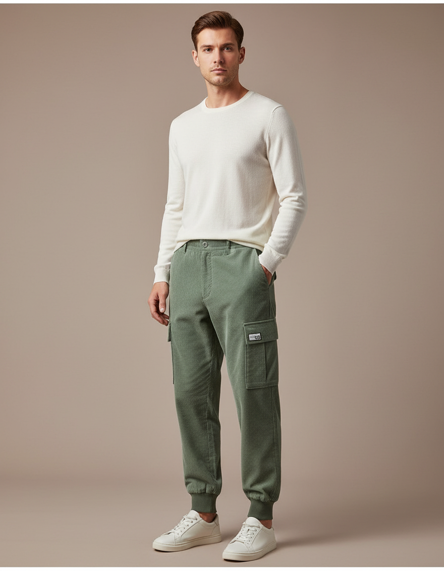 Pantalon Cargo Vert Côtelé Ample Homme Jogger - Kaki Cordé